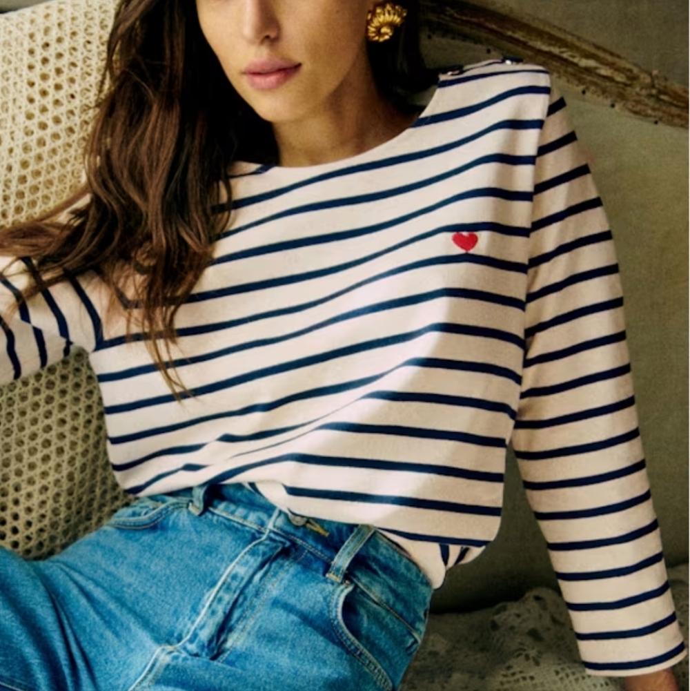 Sézane Sezane Colette Mariniere Striped Top Tee, Ecru Blue, Heart embroidered S